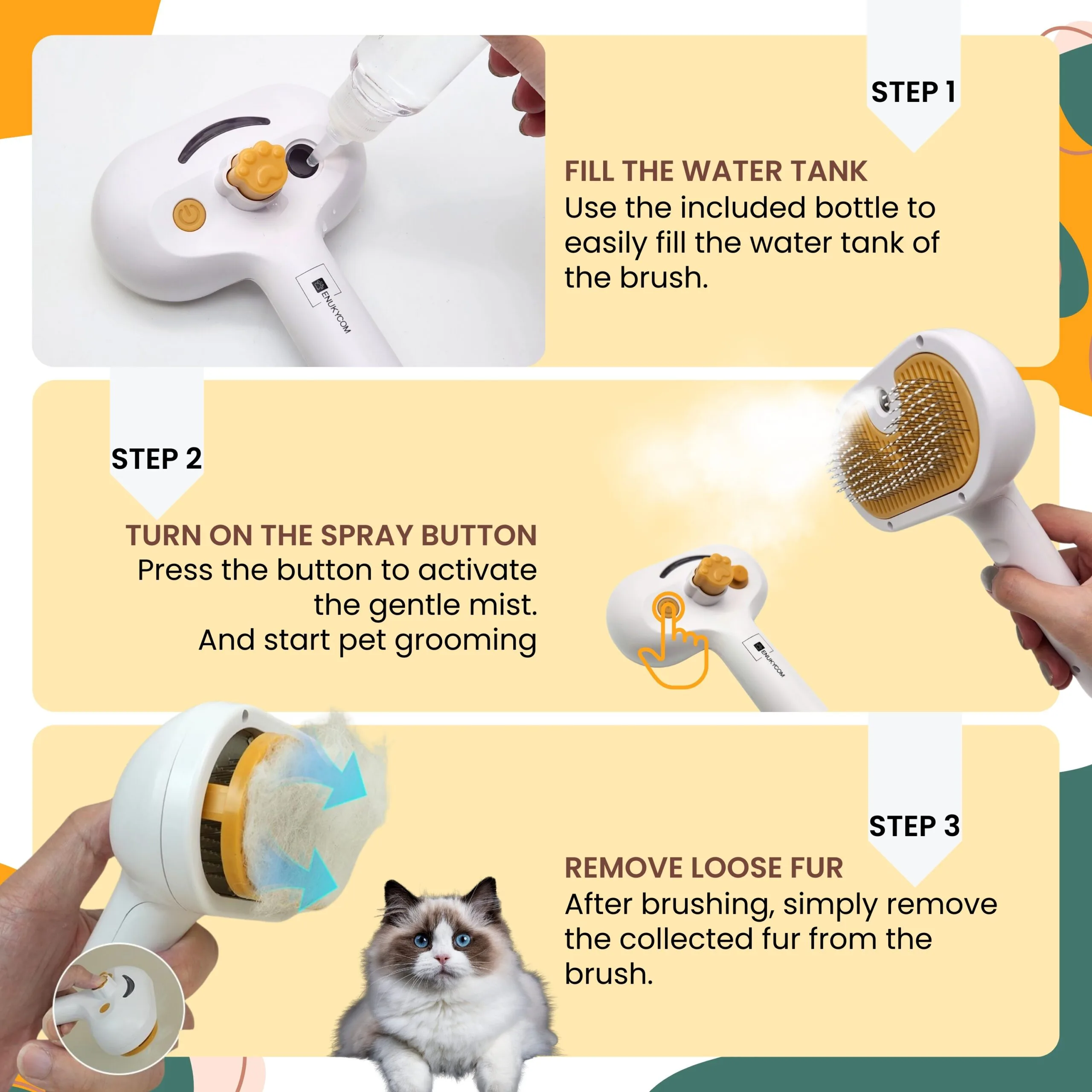 ENUKYCOM 2025 Steam Brush for Dogs and Cats - Pet Grooming Brush with Spray for Cats & Dogs; Water/Mist/Steam Brush for Cat & Dog; 4in1: Self Cleaning, Anti Static Shedding Spray Comb, Hair Removal, Misting Indoor Steamy Grooming Brush - Image 6
