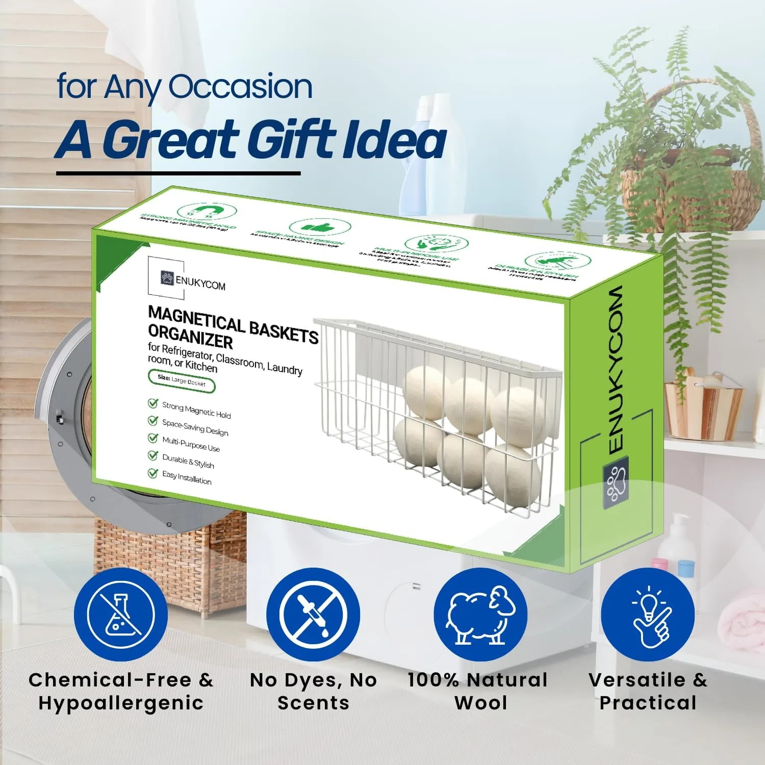 6 XL Wool Dryer Balls & Magnetic Dryer Ball Holder
