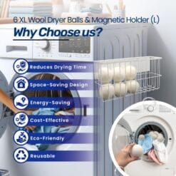 6 XL Wool Dryer Balls & Magnetic Dryer Ball Holder