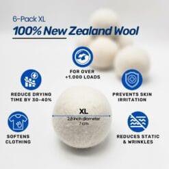 6 XL Wool Dryer Balls & Magnetic Dryer Ball Holder
